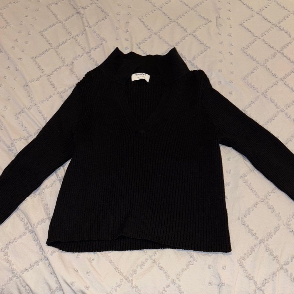 Black V-Neck Women's Ribbed Polo Sweater